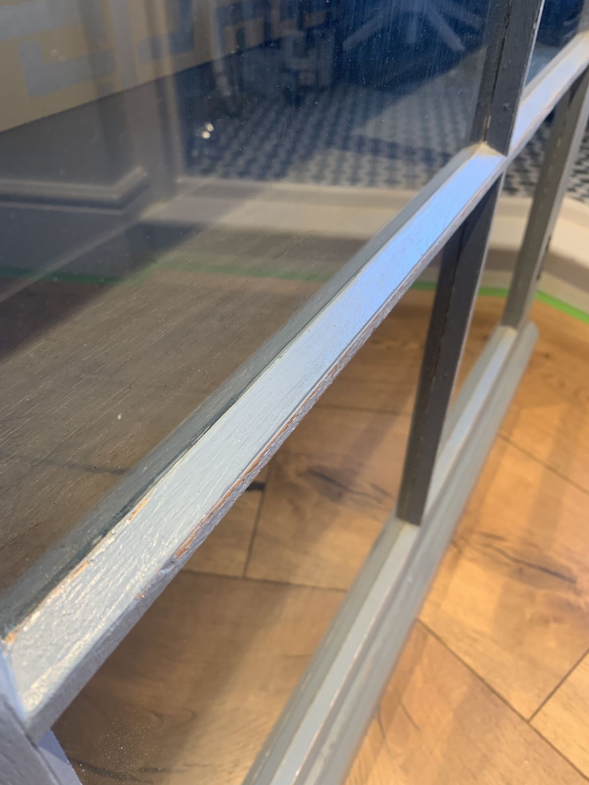 Vintage Wooden Display Cabinet Painted In A Distressed Look Using Farrow And Ball Incyra Blue. Decorative Farrow And Ball Paper To The Rear Internal Walls Using Double Sided Tape Which Can Easily Be Removed photo vintage