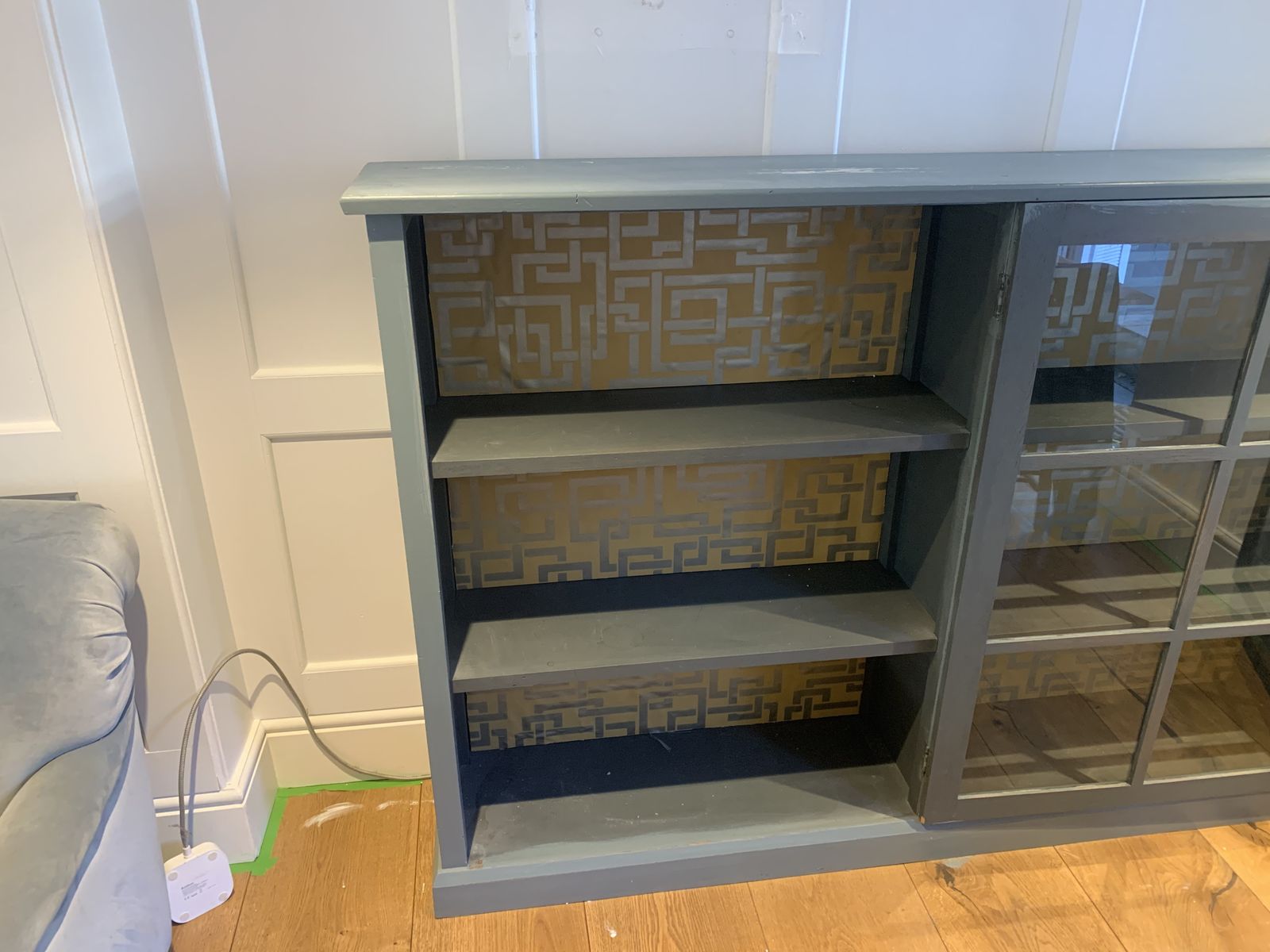 photo vinterior Vintage Wooden Display Cabinet Painted In A Distressed Look Using Farrow And Ball Incyra Blue. Decorative Farrow And Ball Paper To The Rear Internal Walls Using Double Sided Tape Which Can Easily Be Removed