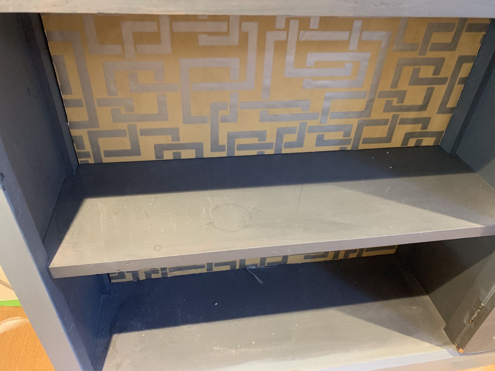 photo buy Vintage Wooden Display Cabinet Painted In A Distressed Look Using Farrow And Ball Incyra Blue. Decorative Farrow And Ball Paper To The Rear Internal Walls Using Double Sided Tape Which Can Easily Be Removed