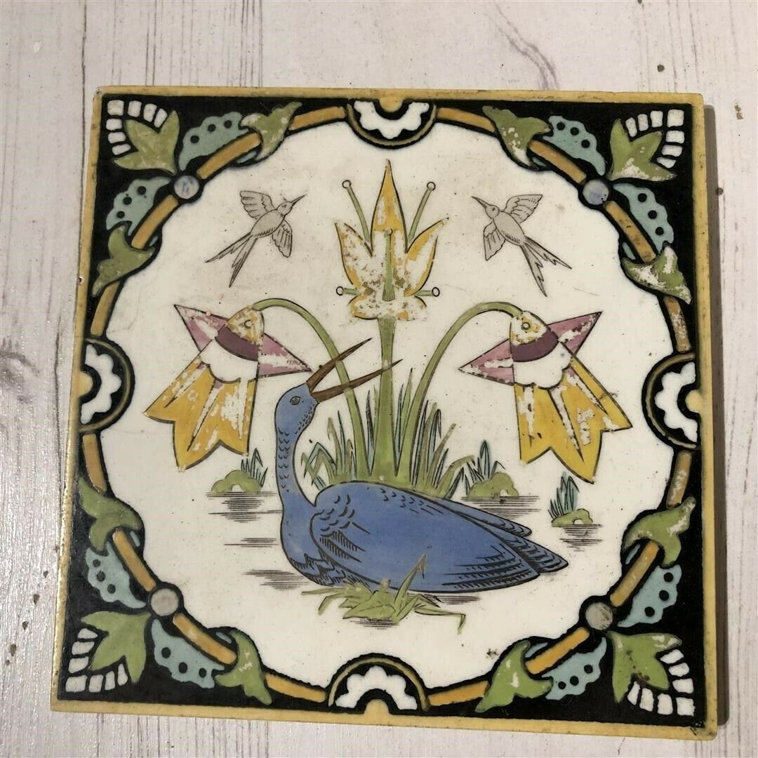 Set Of 3 Antique Tiles By Minton Hollis &Co Handpainted Bird Design 19th Century photo Home Decor