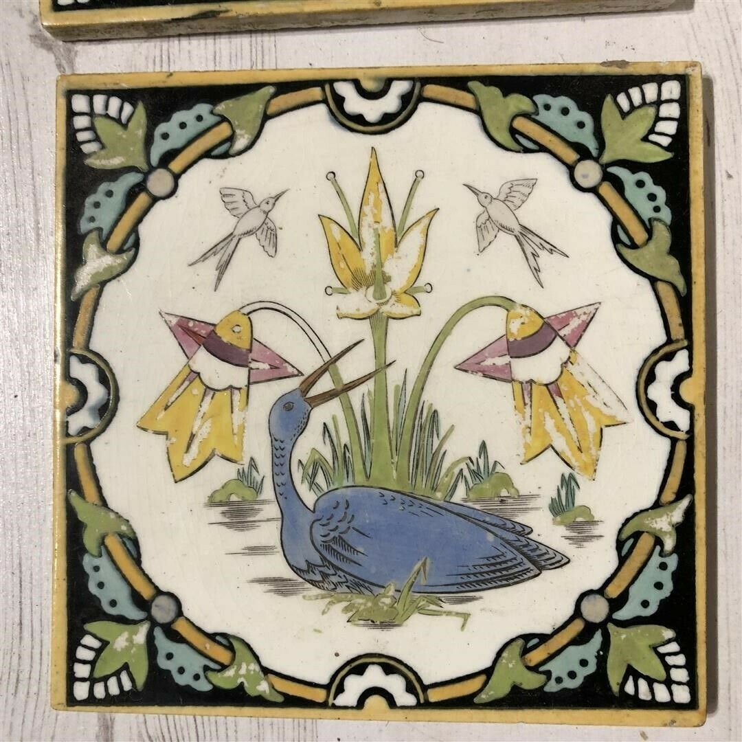 Set Of 3 Antique Tiles By Minton Hollis &Co Handpainted Bird Design 19th Century