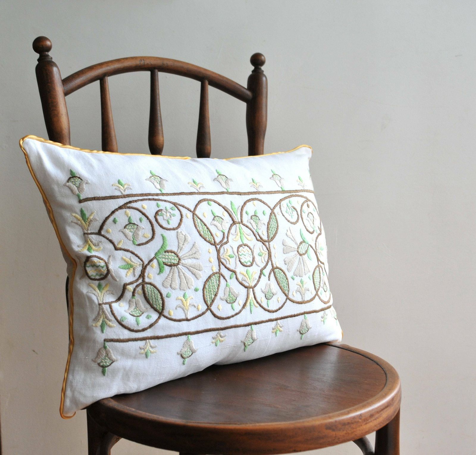 Vintage Hand Embroidered Pillowcase With Tendril Design   Farmhouse Style Rustic Pillow Cover   Floral Embroidery Decorative Pillow Piping