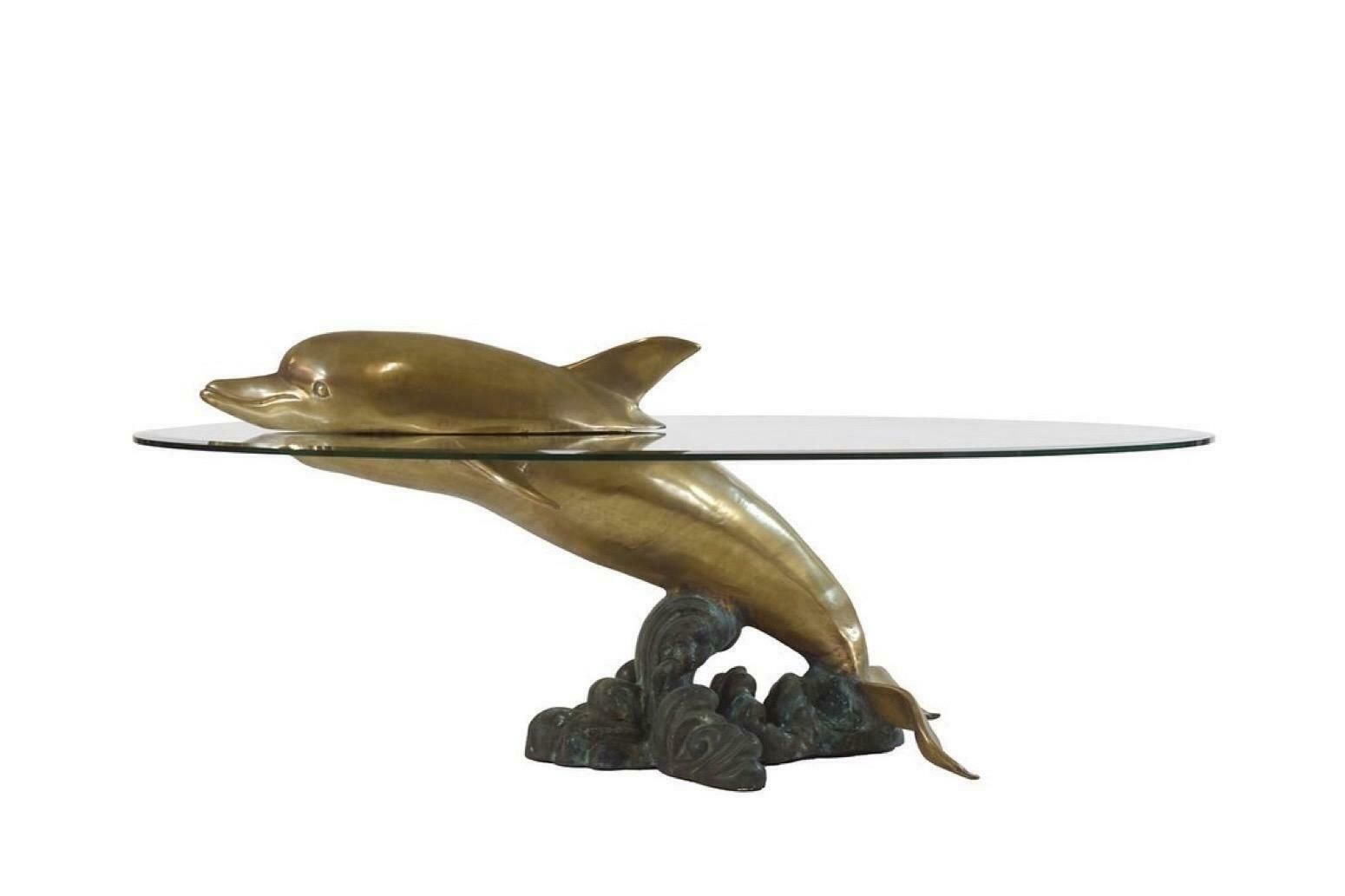 Sculptural Brass And Glass Dolphin Coffee Table, France 1970s Paris