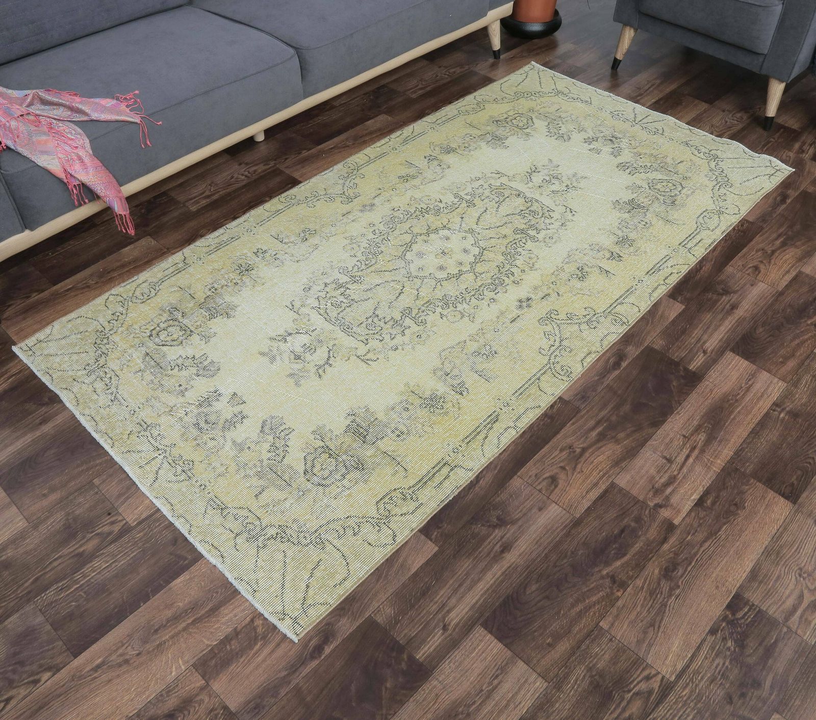 4x7 Vintage Turkish Rug, Oushak Handmade Wool Shamanic Carpet, Green Oriental Area Rugs, Farmhouse Decor, One Of A Kind, Anatolian Carpet photo for sale