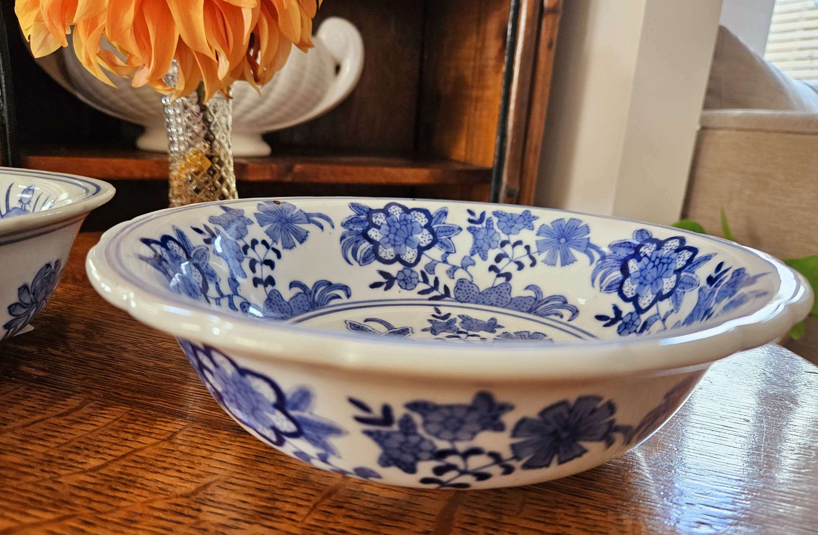 Pair Of Blue & White Chinese Serving Bowls photo vinterior