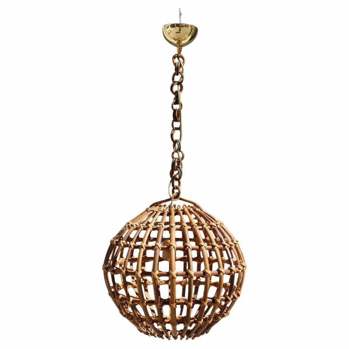 Bamboo And Brass Chandelier Round Italian Mid Century Albini Style 1950s
