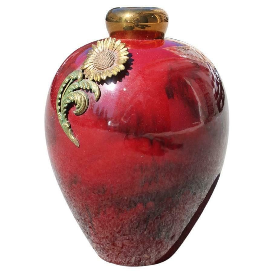 Red Ceramic Vase With Gold And Brass Inserts 1930s Art Deco Italy