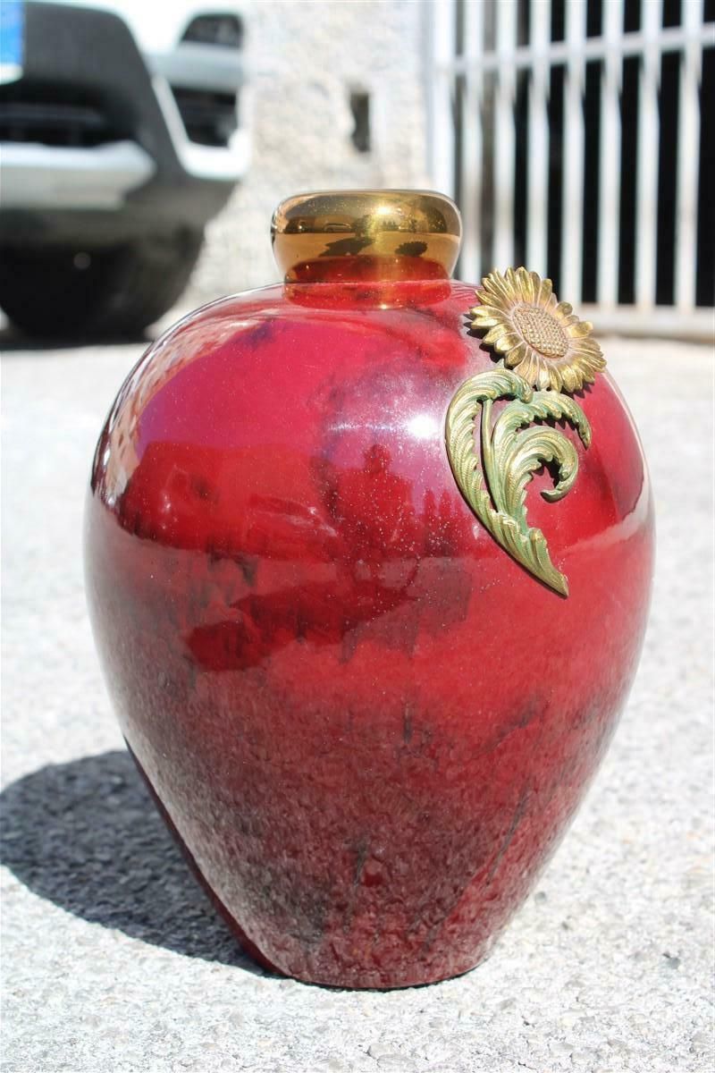 Red Ceramic Vase With Gold And Brass Inserts 1930s Art Deco Italy photo Home Decor