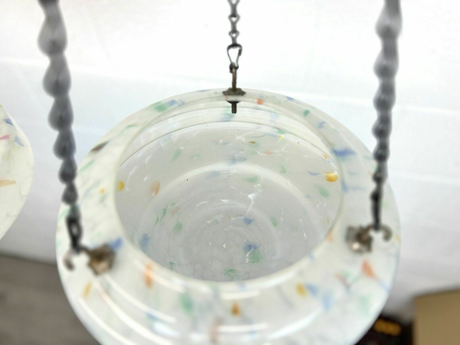Art Deco, Multi Coloured Ribbed Glass Ceiling Light Shade / Bowl & Chain photo for sale