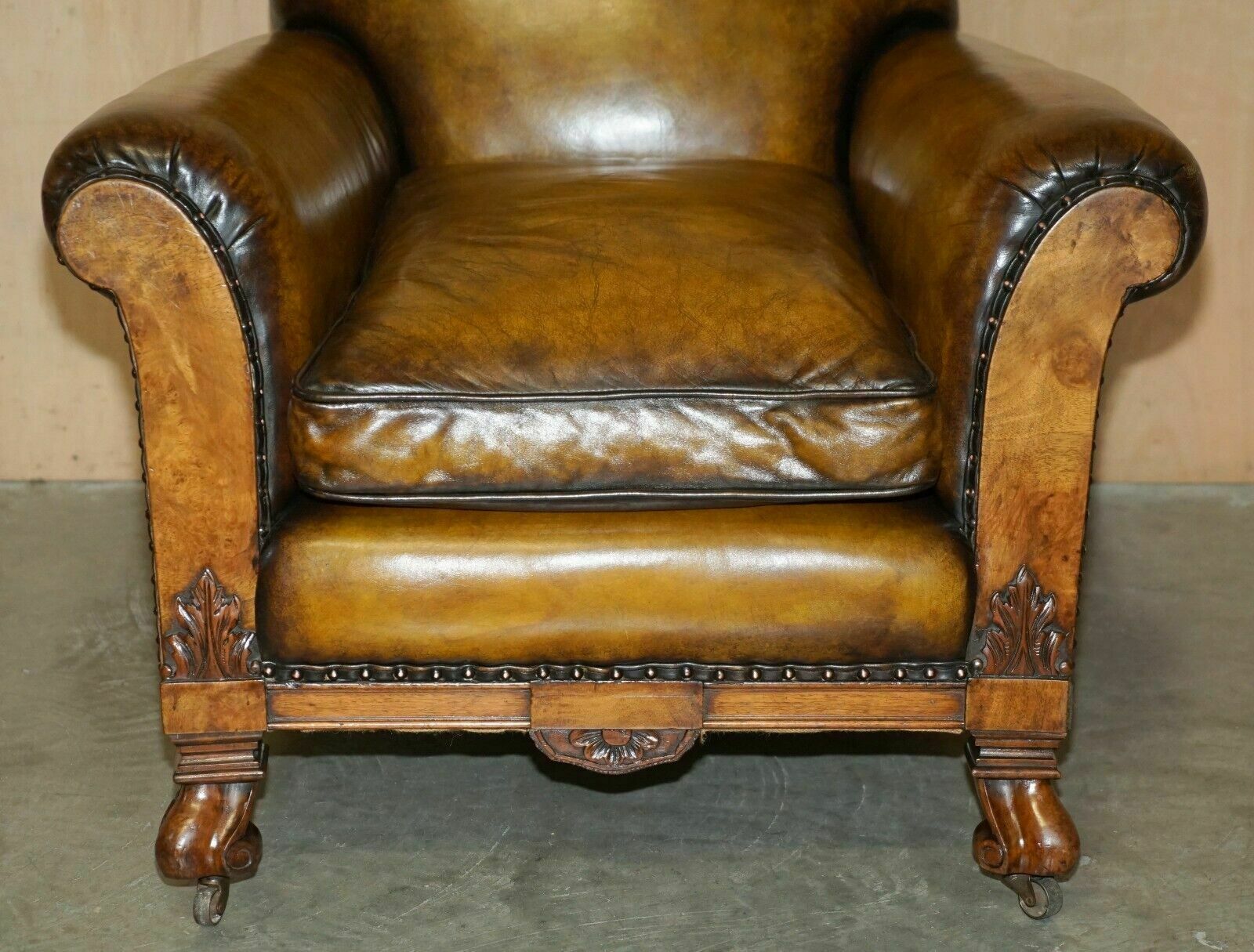 Fine & Important Pair Of Antique Hand Carved Burr Walnut Brown Leather Armchairs photo vinterior