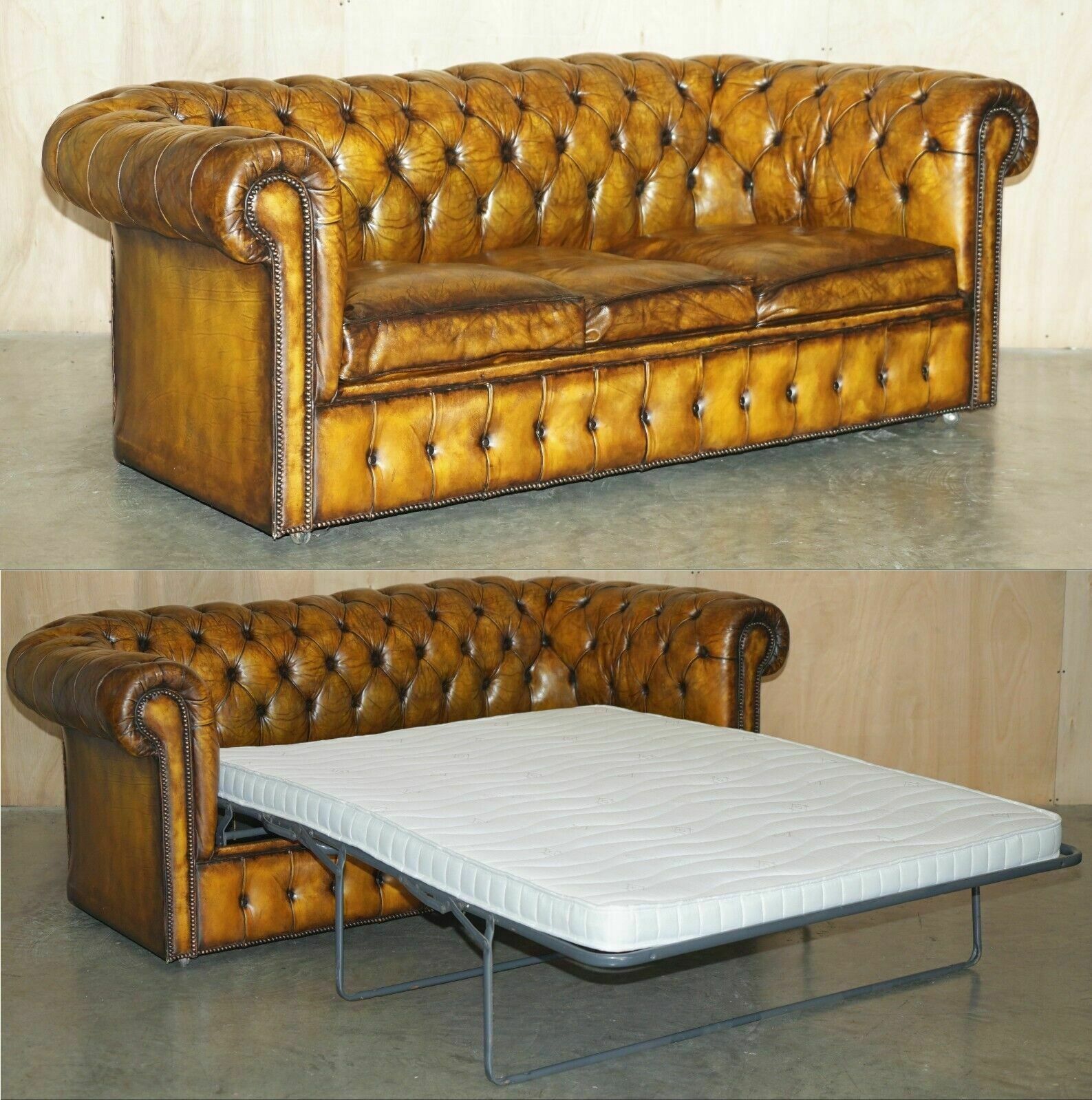 Super Rare Fully Restored Vintage Cigar Brown Leather Chesterfield Sofa Bed