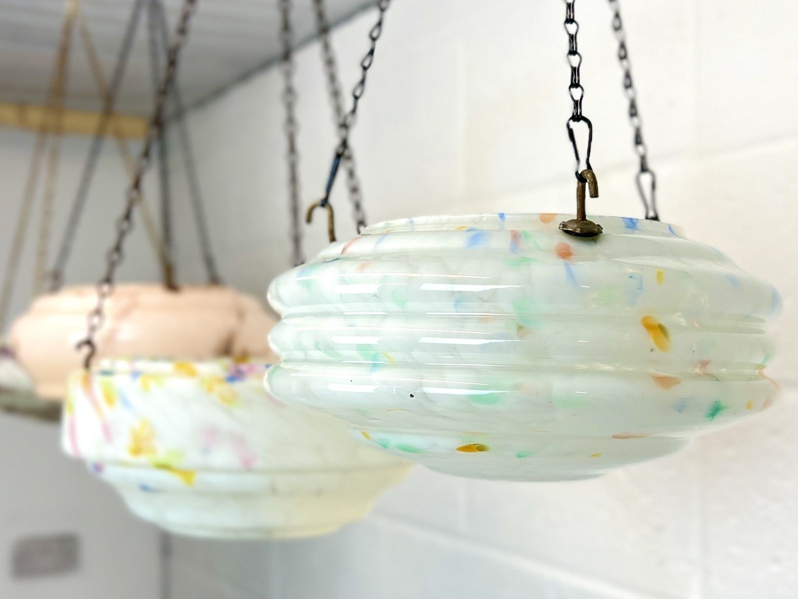 Art Deco, Multi Coloured Ribbed Glass Ceiling Light Shade / Bowl & Chain