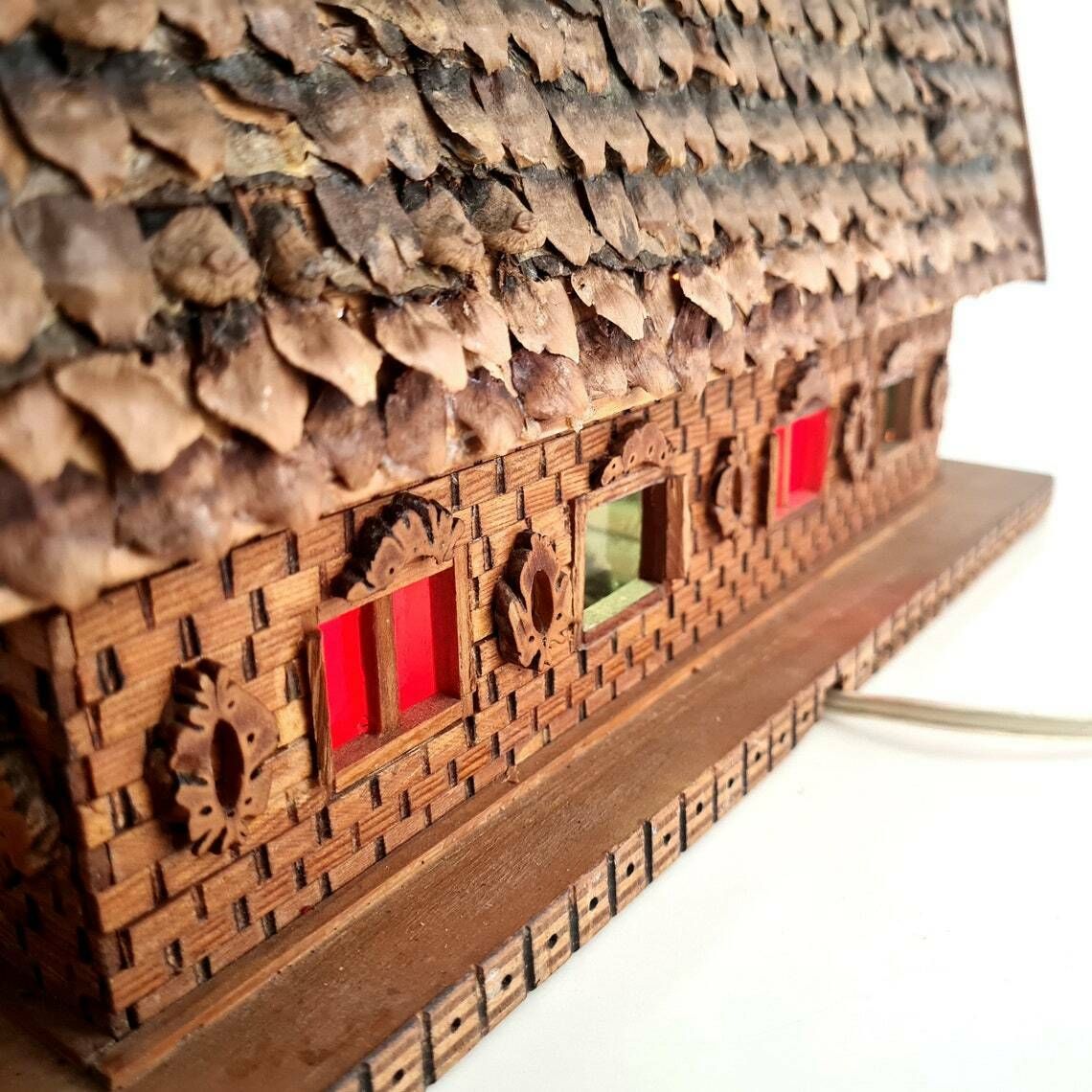 Lovely Vintage Hand Carved Big Cottage With Lighting. Deer Feeding Scene. Retro сhristmas Home Dec photo buy