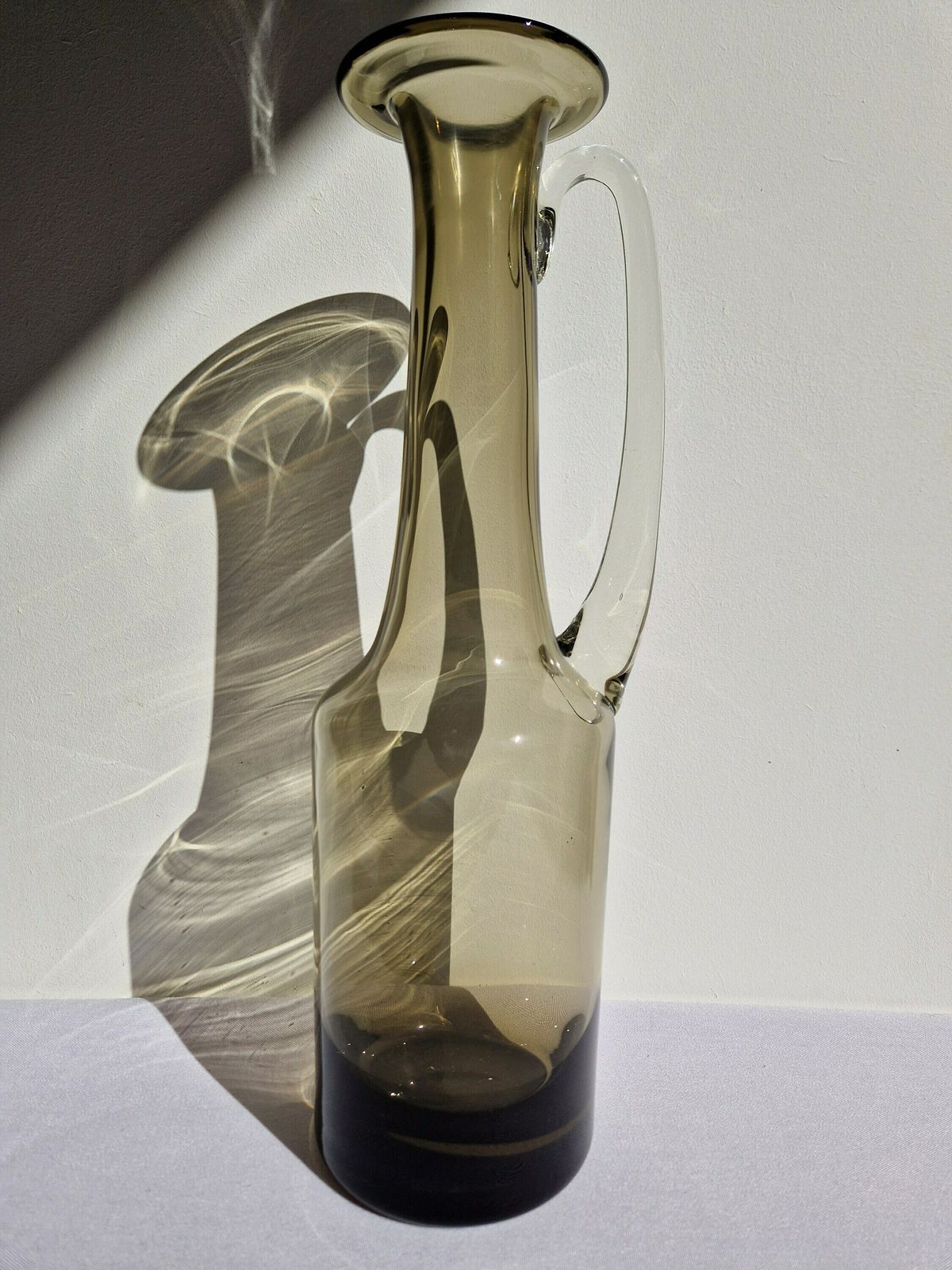 Vintage Mid Century Bischoff Smoked Glass Pitcher Jug Vase Mouthblown Clear Handle photo furniture