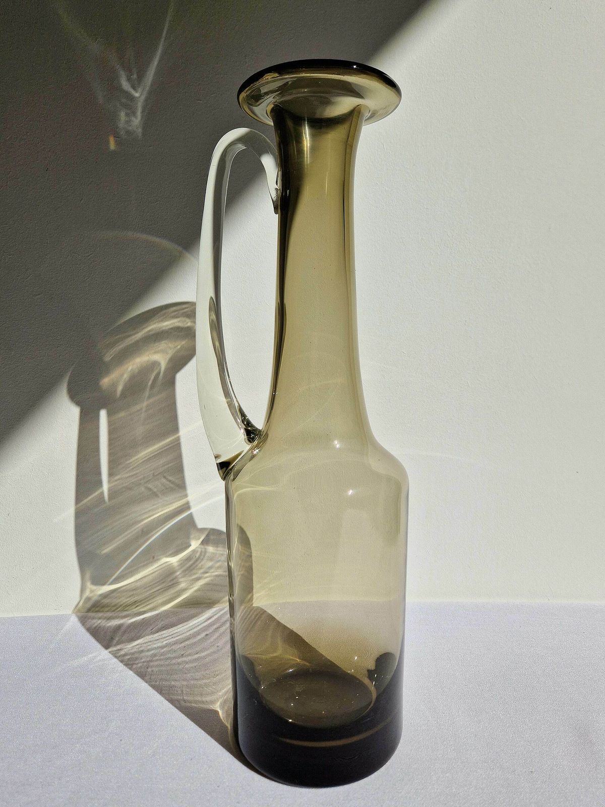 Vintage Mid Century Bischoff Smoked Glass Pitcher Jug Vase Mouthblown Clear Handle photo for sale
