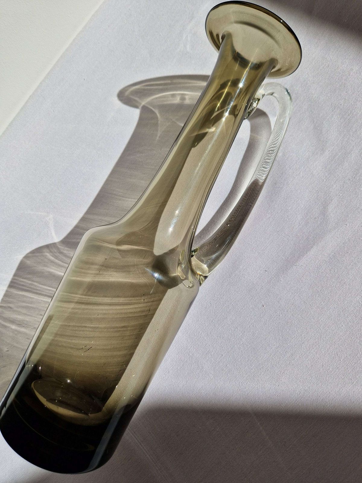 Vintage Mid Century Bischoff Smoked Glass Pitcher Jug Vase Mouthblown Clear Handle photo vinterior