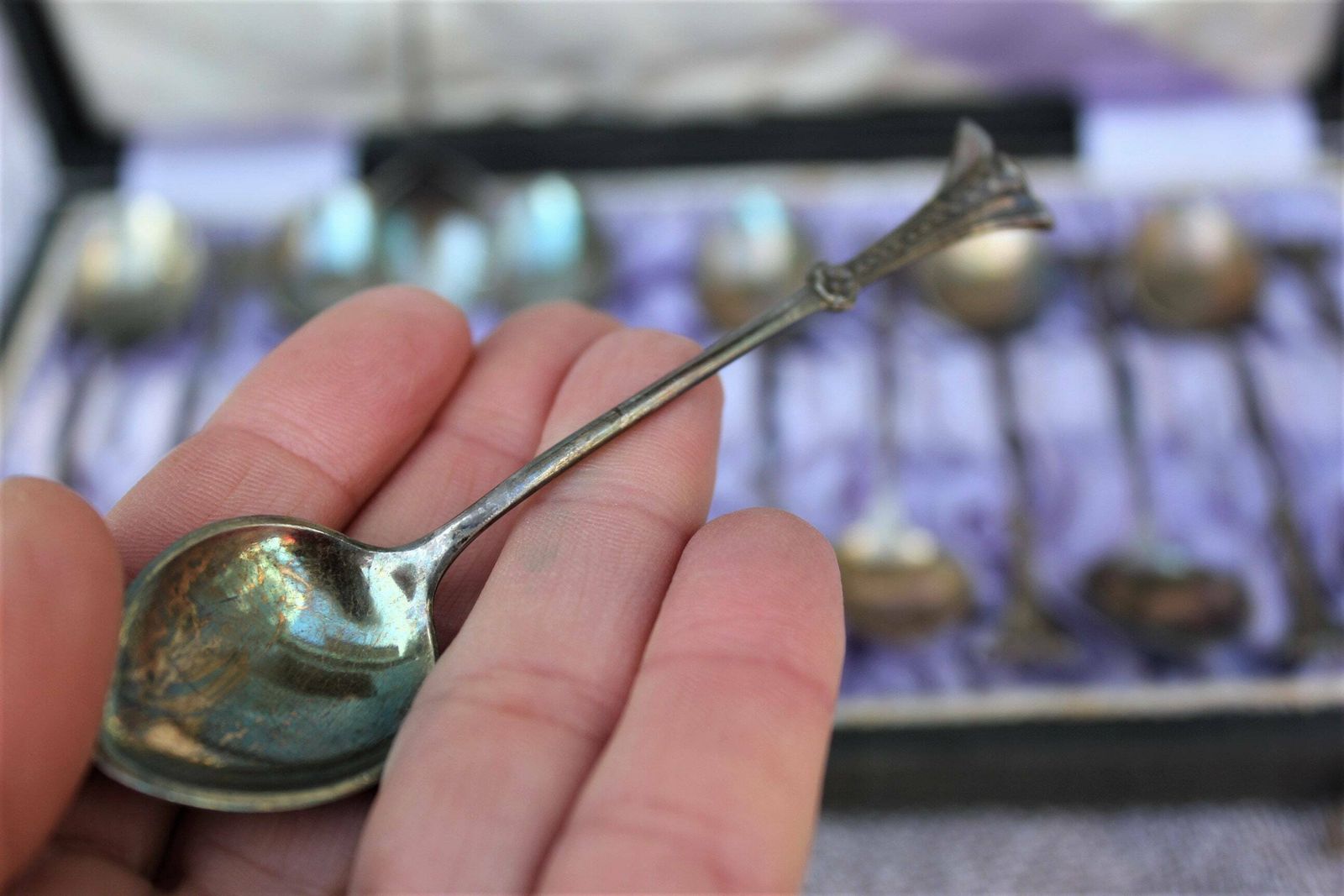 Full Set Silver Plated Coffee Spoons With Fine Handles In Box Art Nouveau Decoration Set Of 12