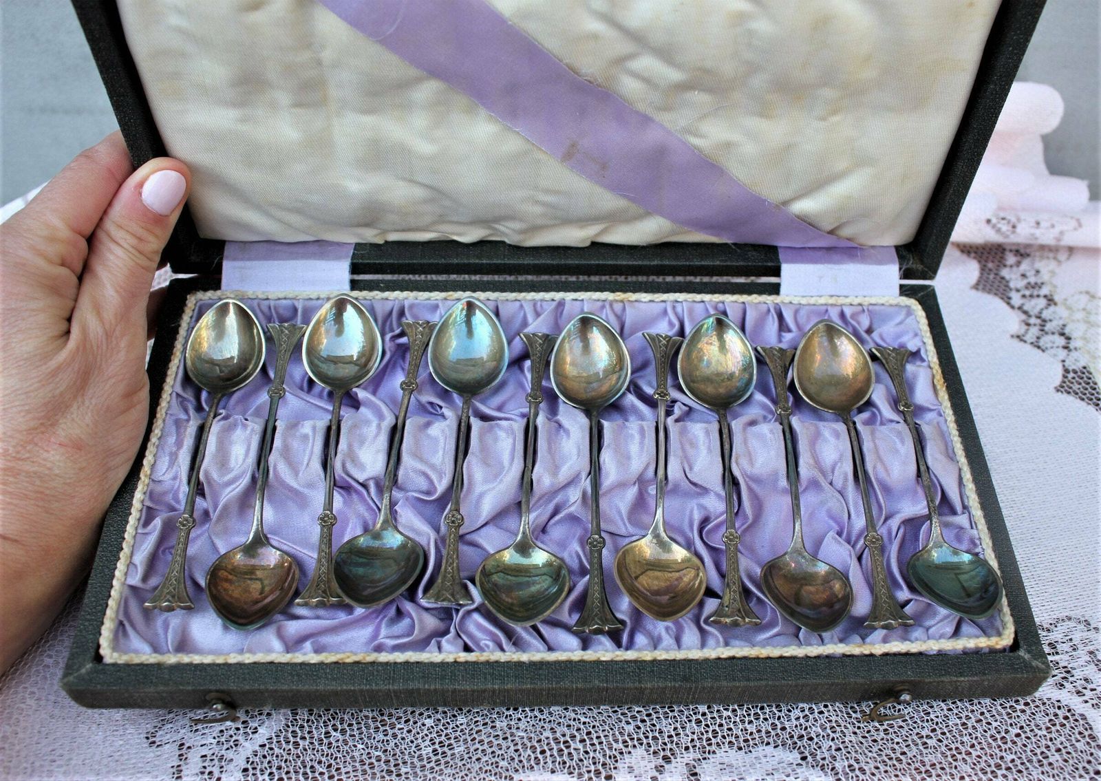 Full Set Silver Plated Coffee Spoons With Fine Handles In Box Art Nouveau Decoration Set Of 12 photo for sale