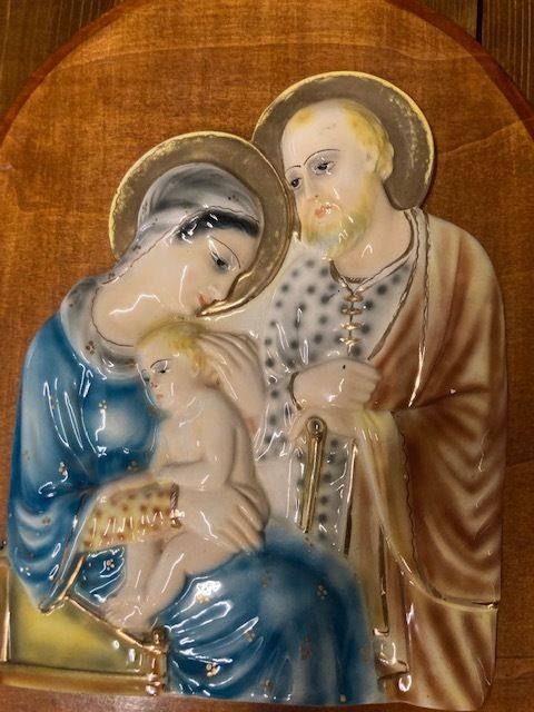 Ancient Majolica Plaque "Holy Family" Mica Sesto Fiorentino 1940 photo for sale