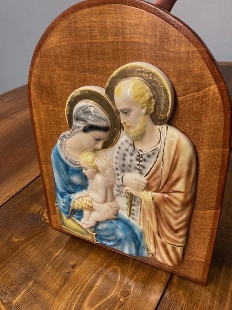 Ancient Majolica Plaque "Holy Family" Mica Sesto Fiorentino 1940 photo vintage