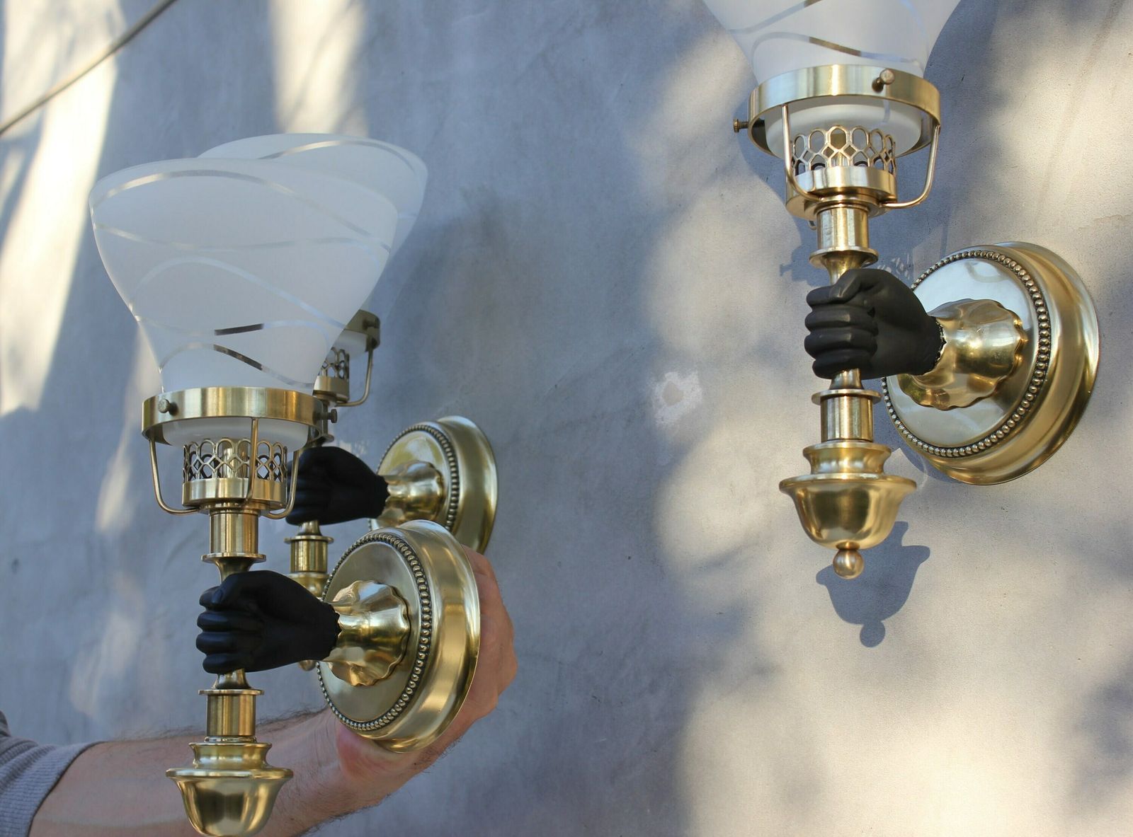 Set Of Three Maison Jansen Sconces Hand With Torch Wall Mounted Lamps, Black And Brass Light Fixture, John Devoluy Wall Light, Wall Lamp photo 1557.0
