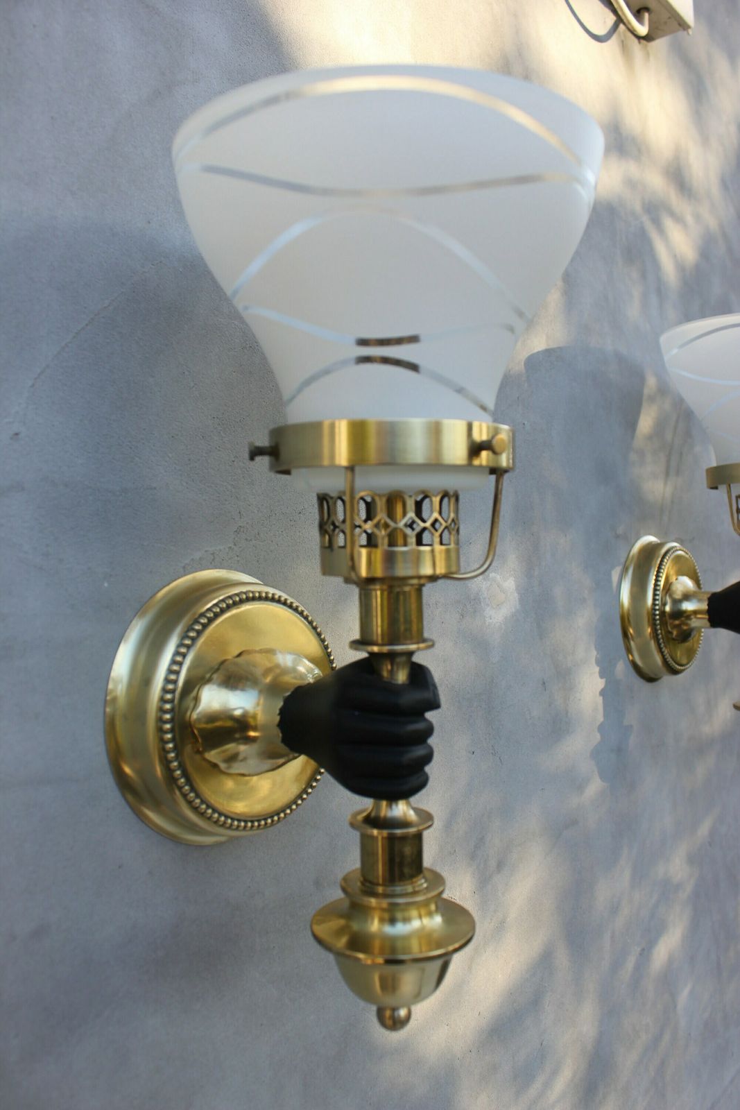 Set Of Three Maison Jansen Sconces Hand With Torch Wall Mounted Lamps, Black And Brass Light Fixture, John Devoluy Wall Light, Wall Lamp photo vintage