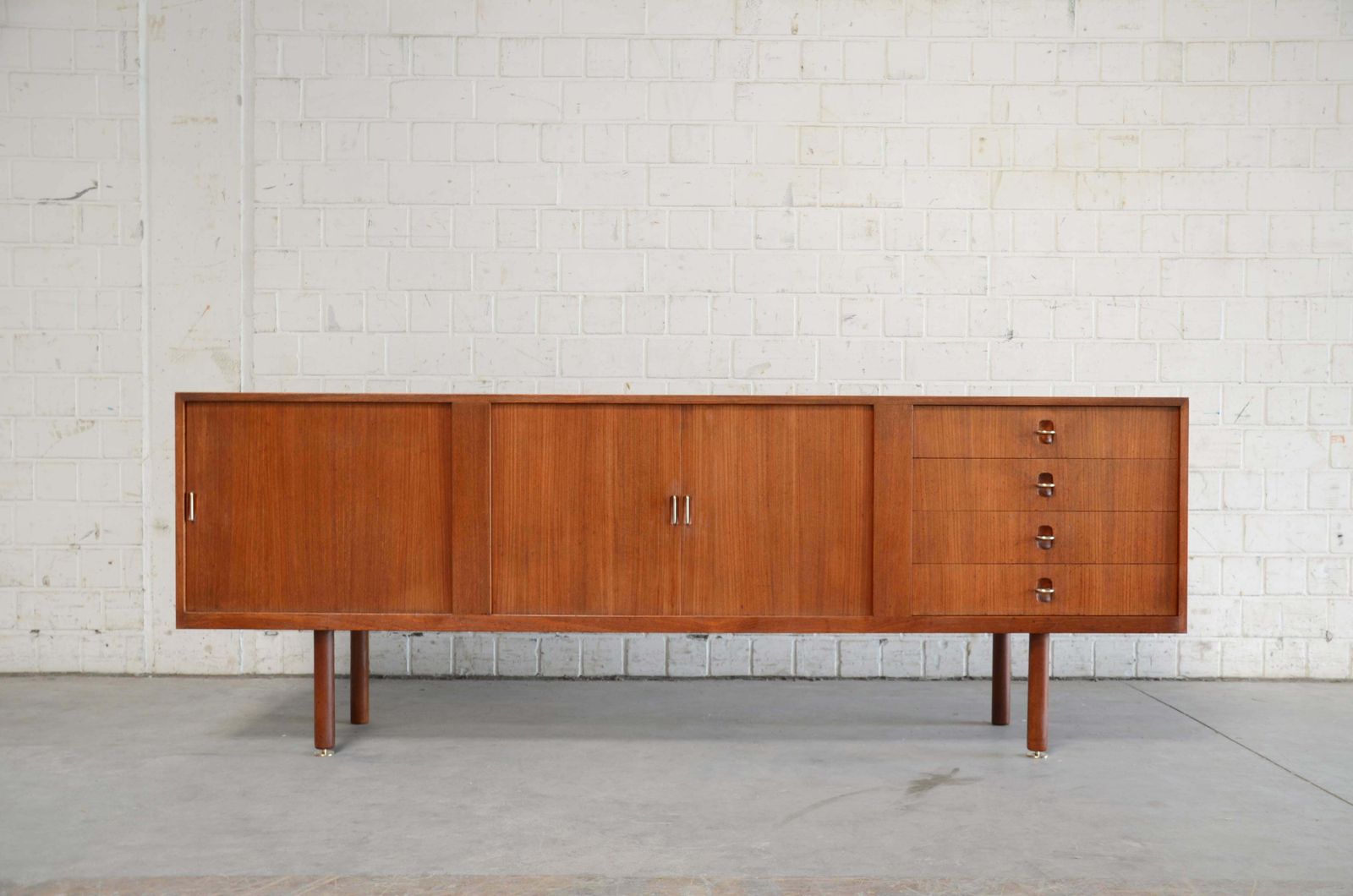 Aksel Bender Madsen & Ejner Larsen Sideboard In Teak & Brass With Tambour Doors photo for sale