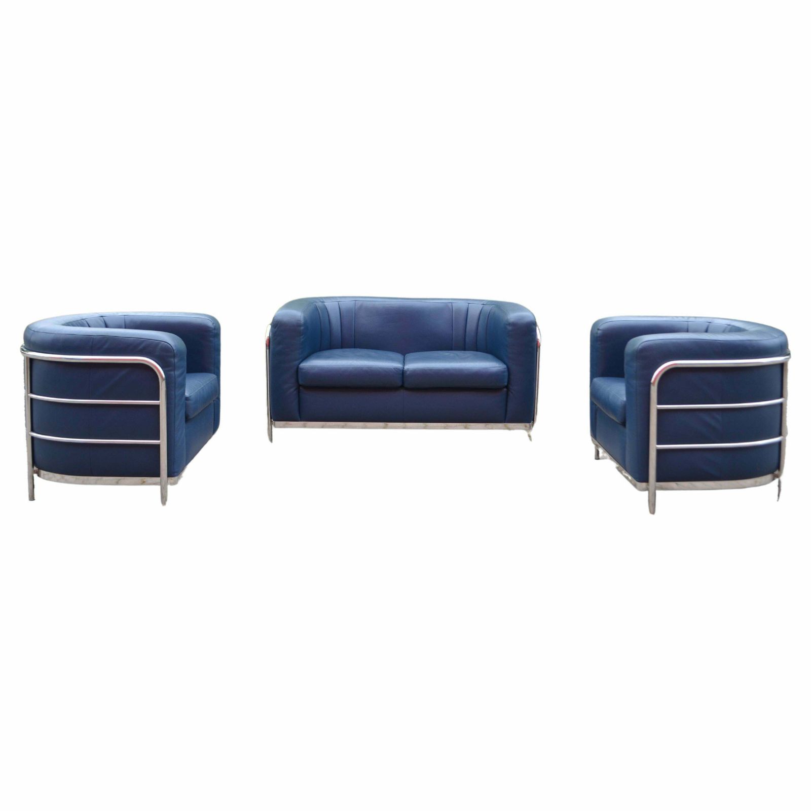 Zanotta Onda Ensemble Lounge Set Sofa & 2 Armchair Blue Leather