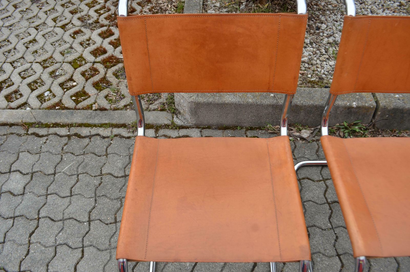 photo for sale Thonet S 33 Vintage Cognac Vegetal Leather Chairs Mart Stam Cantilever Set Of 4