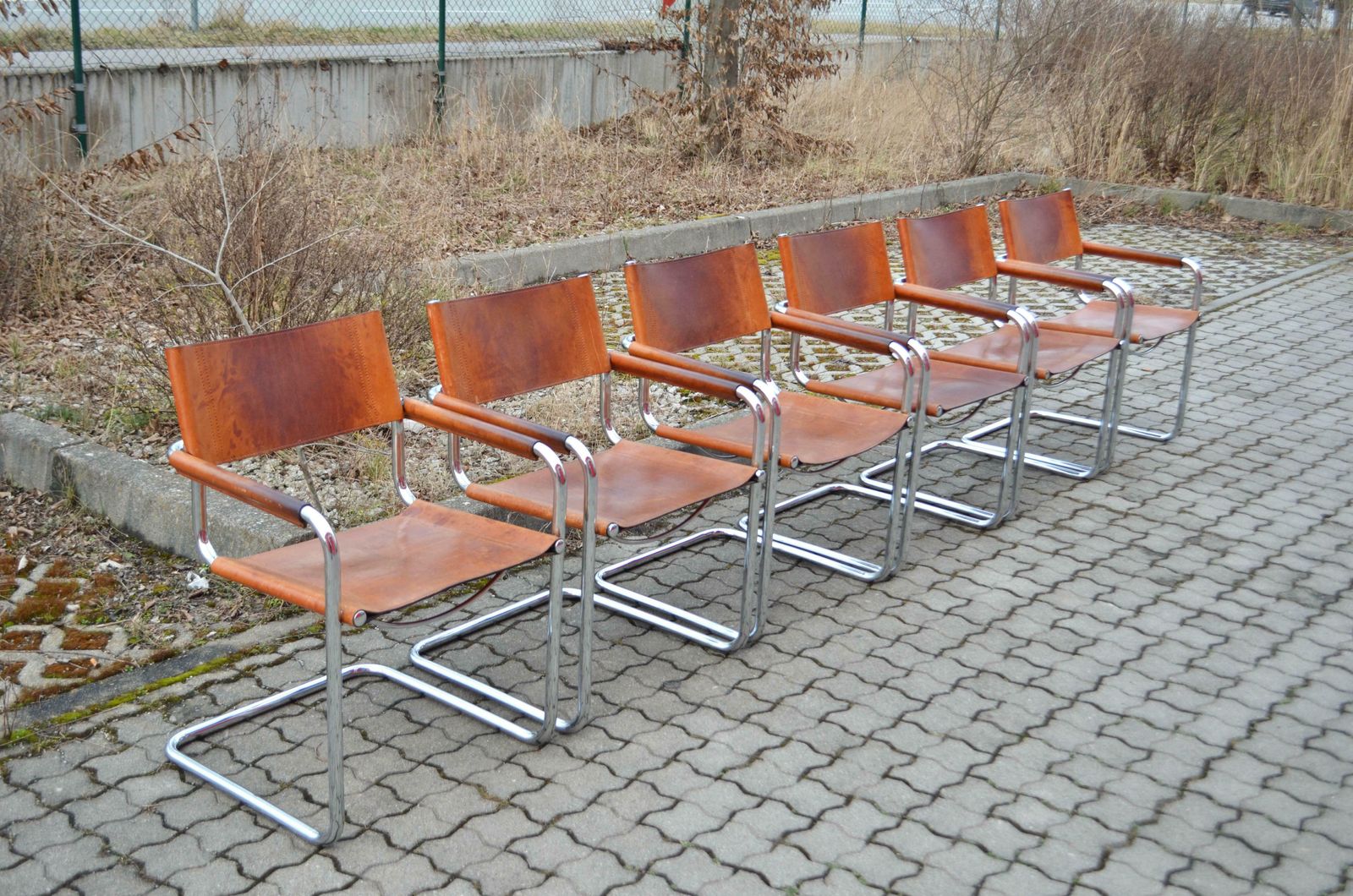 Vintage Italy Cognac Vegetal Leather Dining Chairs Armchairs Cantilever Set Of 6 photo furniture