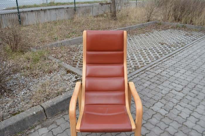 Yngve Ekström Modell Melano Swedese Ox Red Leather Highback Lounge Chair Beech photo vinterior