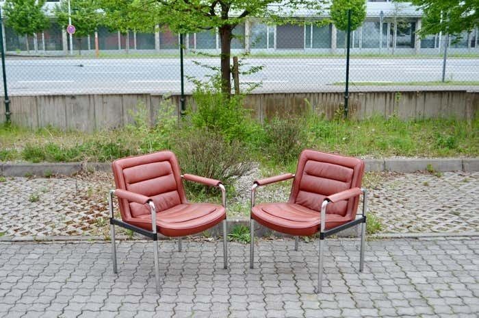 Jorgen Kastholm Red Leather Armchair Chair Modell 8400 For Kusch + Co Set Of 2 photo furniture