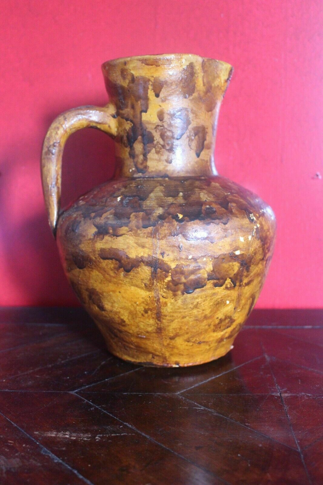 Antique French Terracotta Glaze Jug 19th C Hand Turned Clay Stoneware Pot Vase