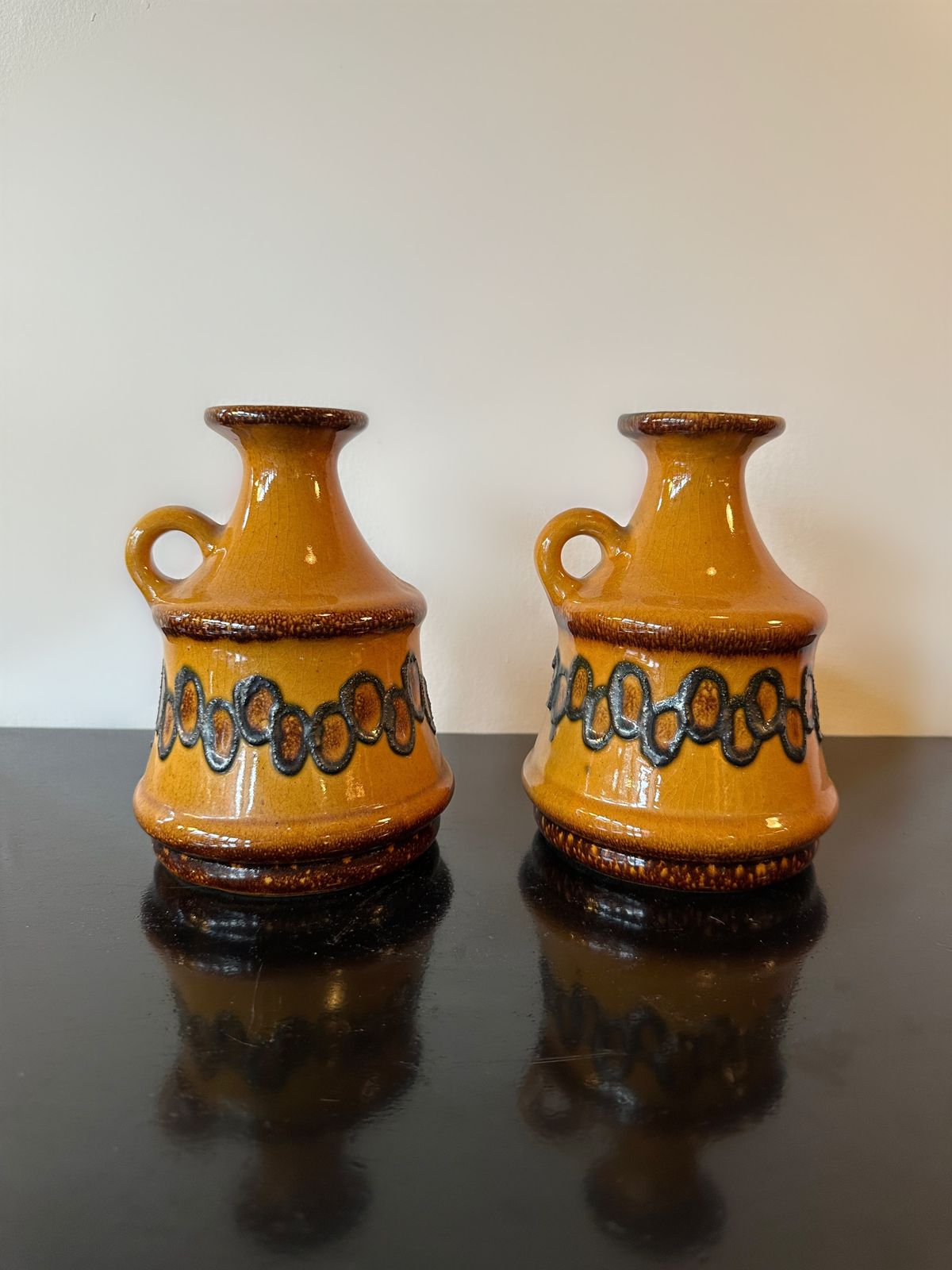 Pair Of Mustard And Black Strehla West German Jugs, 3007, 1960