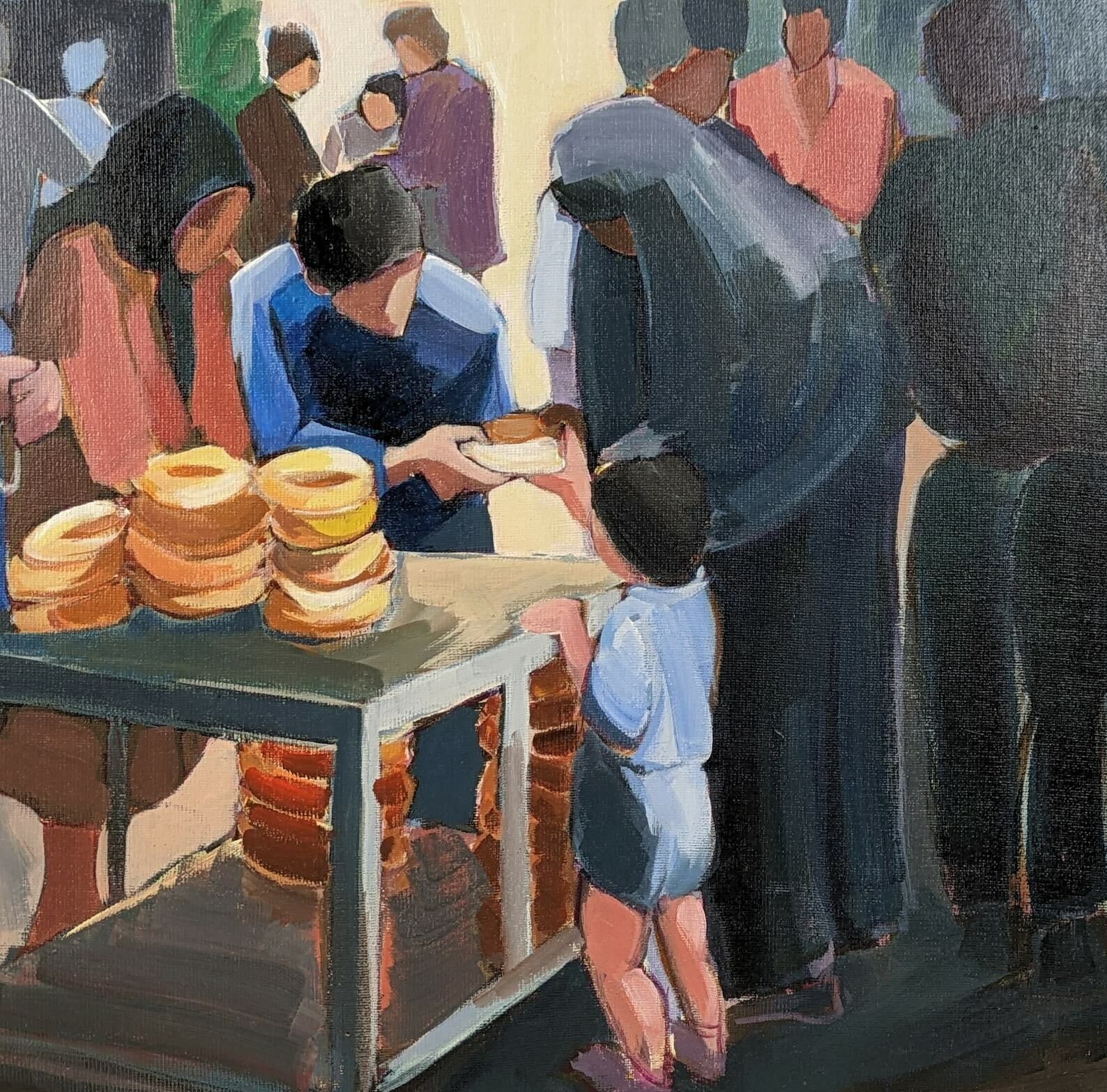 French Signed Acrylic Paint On Board Framed Painting Of Bread Seller In Market photo buy