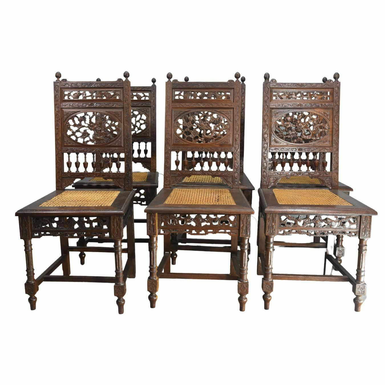 Series Of 6 Indochinese Rosewood Chairs Decorated With Dragons.