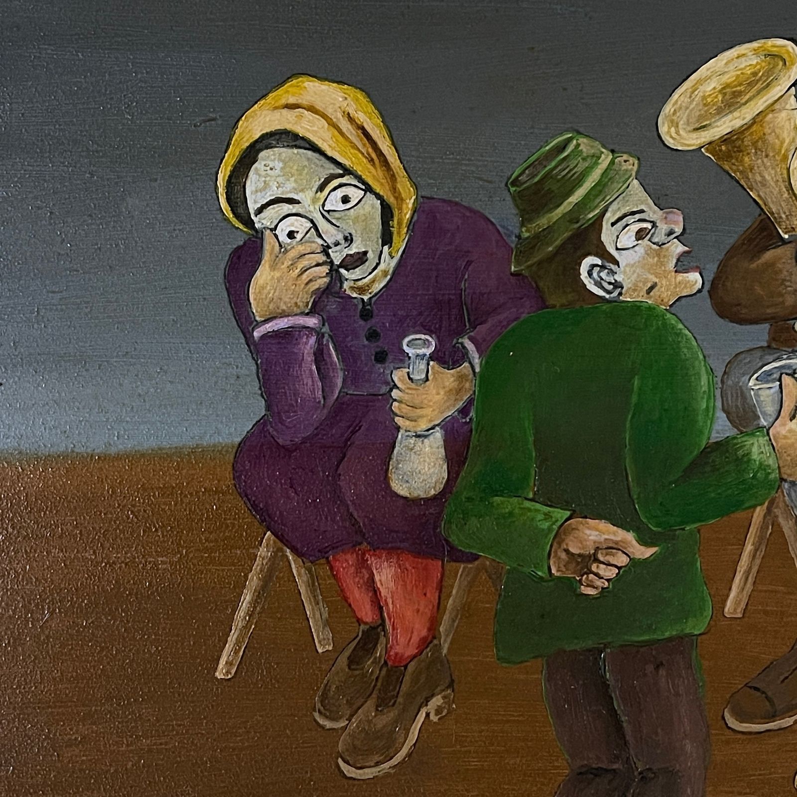 Painting Rural Feast In The Style Of Naive Art, Oil, Hardboard, Oto Dobovišek, Yugoslavia 1973 photo furniture