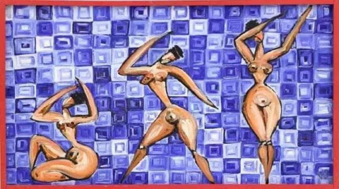 Oil Painting. (Signed), "Pattern" Feminine Figures. Original Oil Painting
