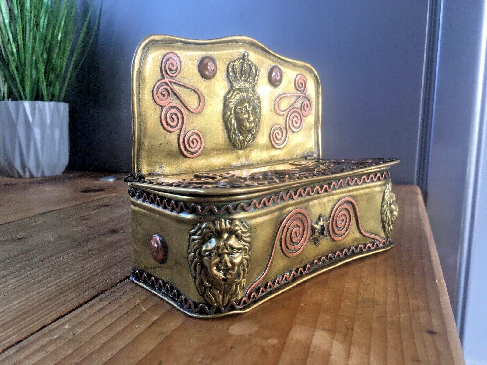 Antique 19th Century Dutch Brass & Copper Gothic Lion Mask Fireside Candle Box photo furniture