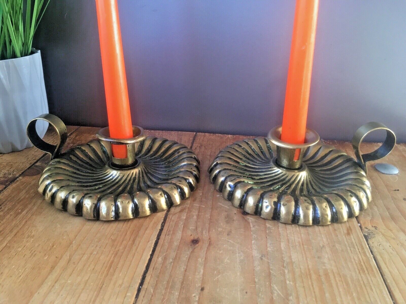 Beautiful Pair Of Antique Art Nouveau Fluted Brass Chamber Candle Holders Sticks photo furniture