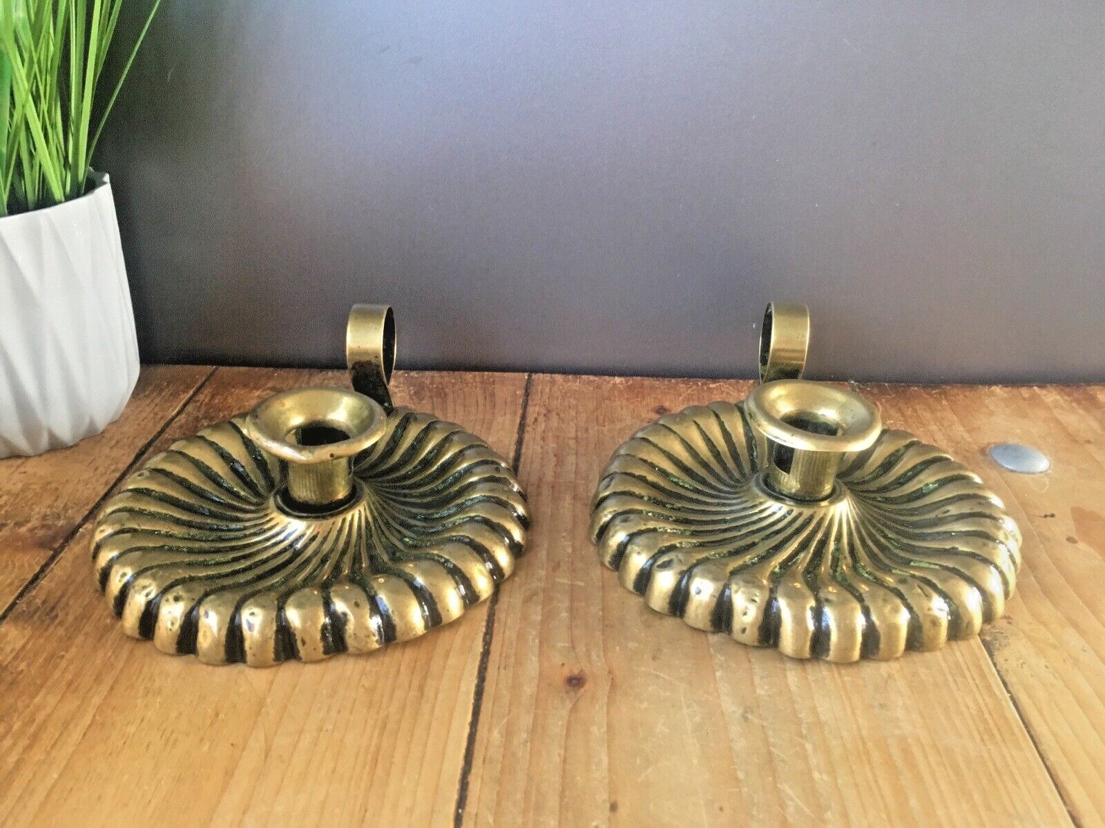 Beautiful Pair Of Antique Art Nouveau Fluted Brass Chamber Candle Holders Sticks photo 80.0