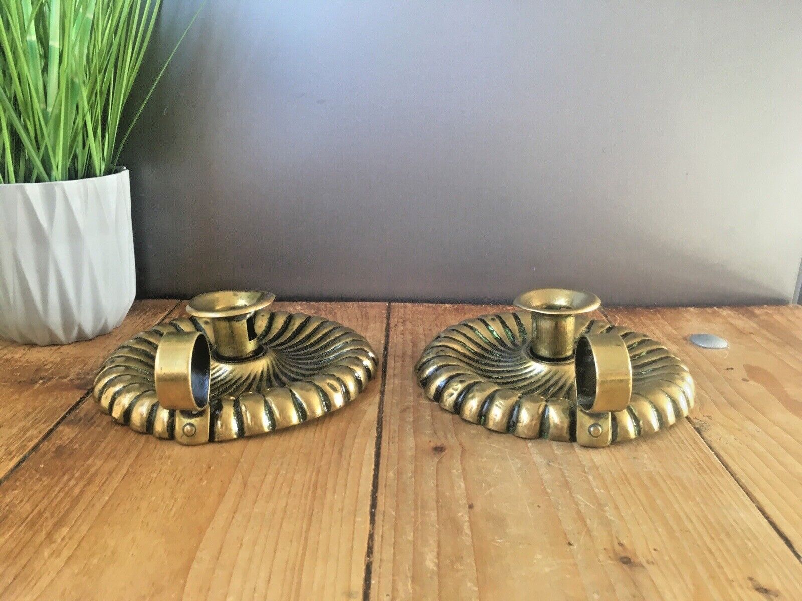 Beautiful Pair Of Antique Art Nouveau Fluted Brass Chamber Candle Holders Sticks photo buy