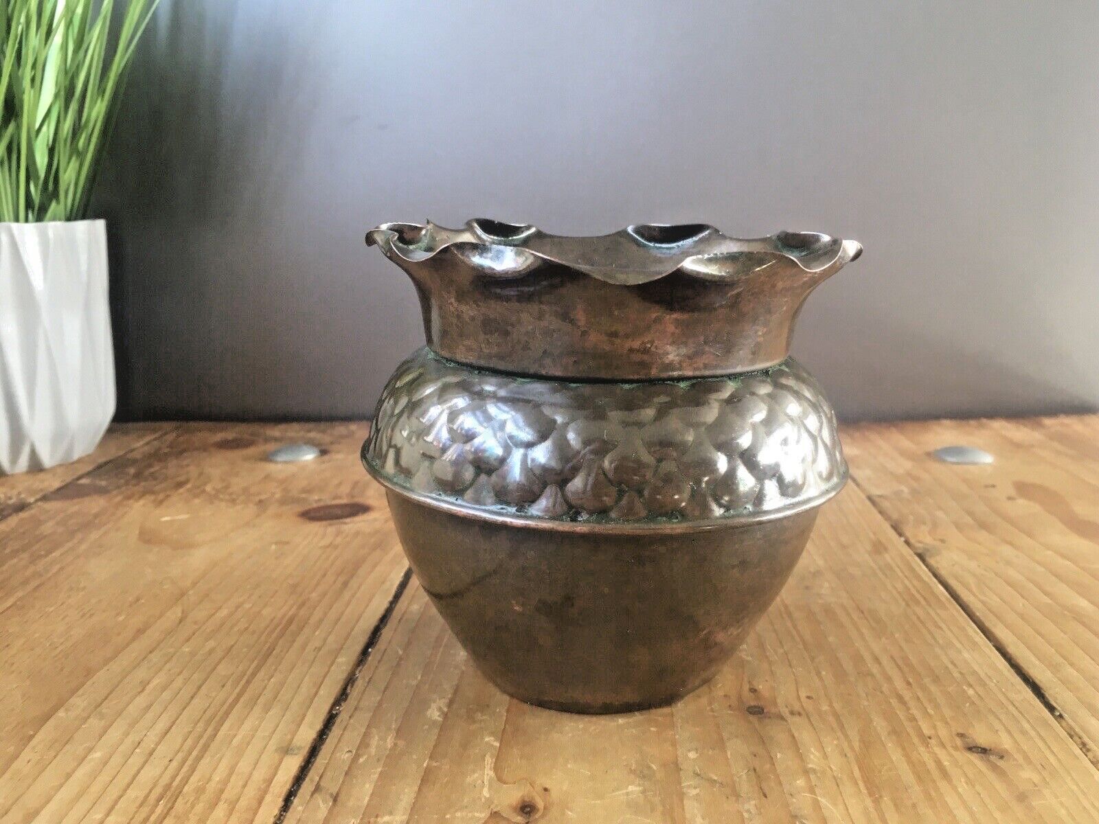 Antique Art Nouveau Deco Fish Scale Ruffled Copper Planter Flower Herb Plant Pot photo Home Decor