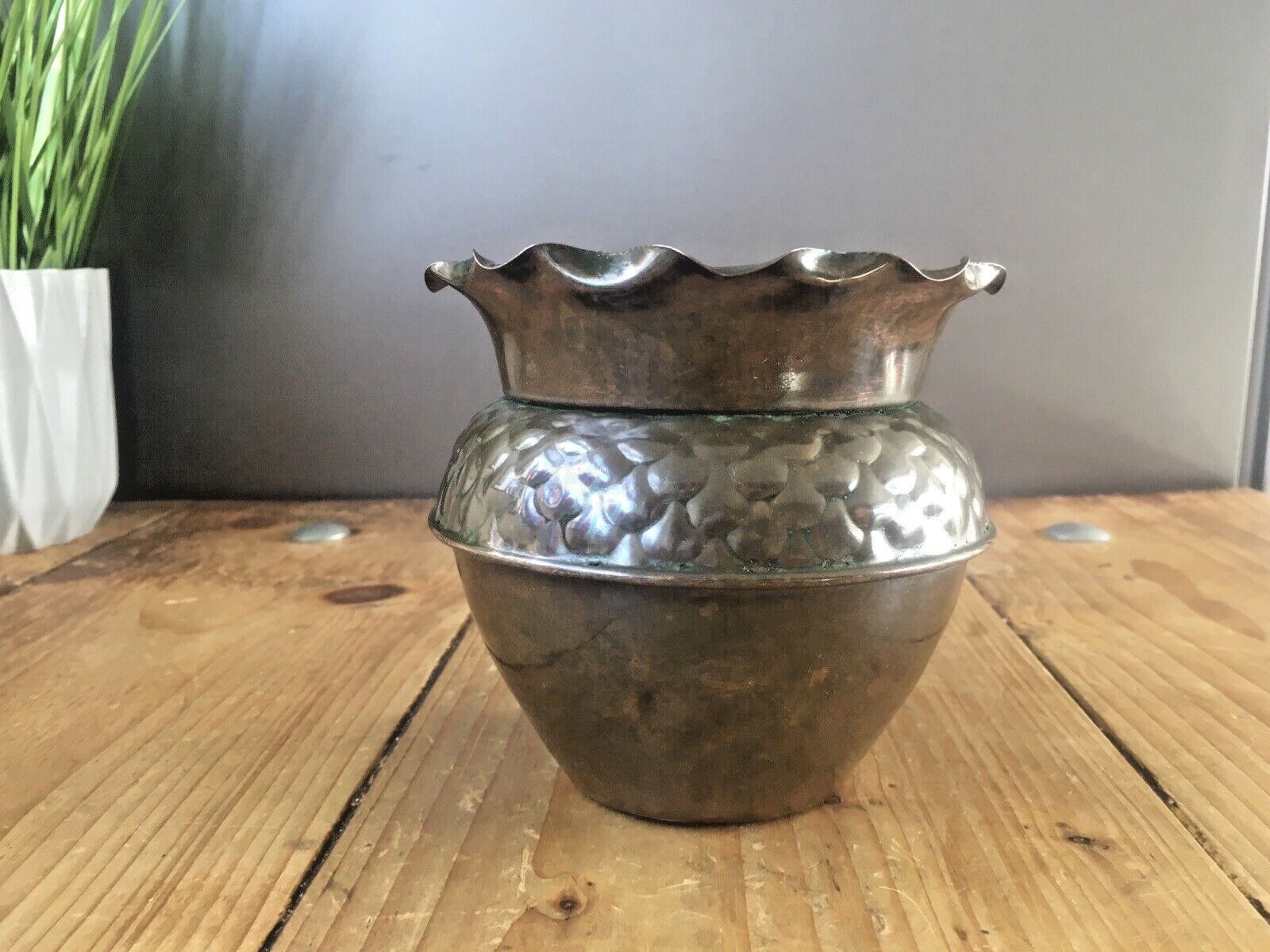 Antique Art Nouveau Deco Fish Scale Ruffled Copper Planter Flower Herb Plant Pot photo 65.0