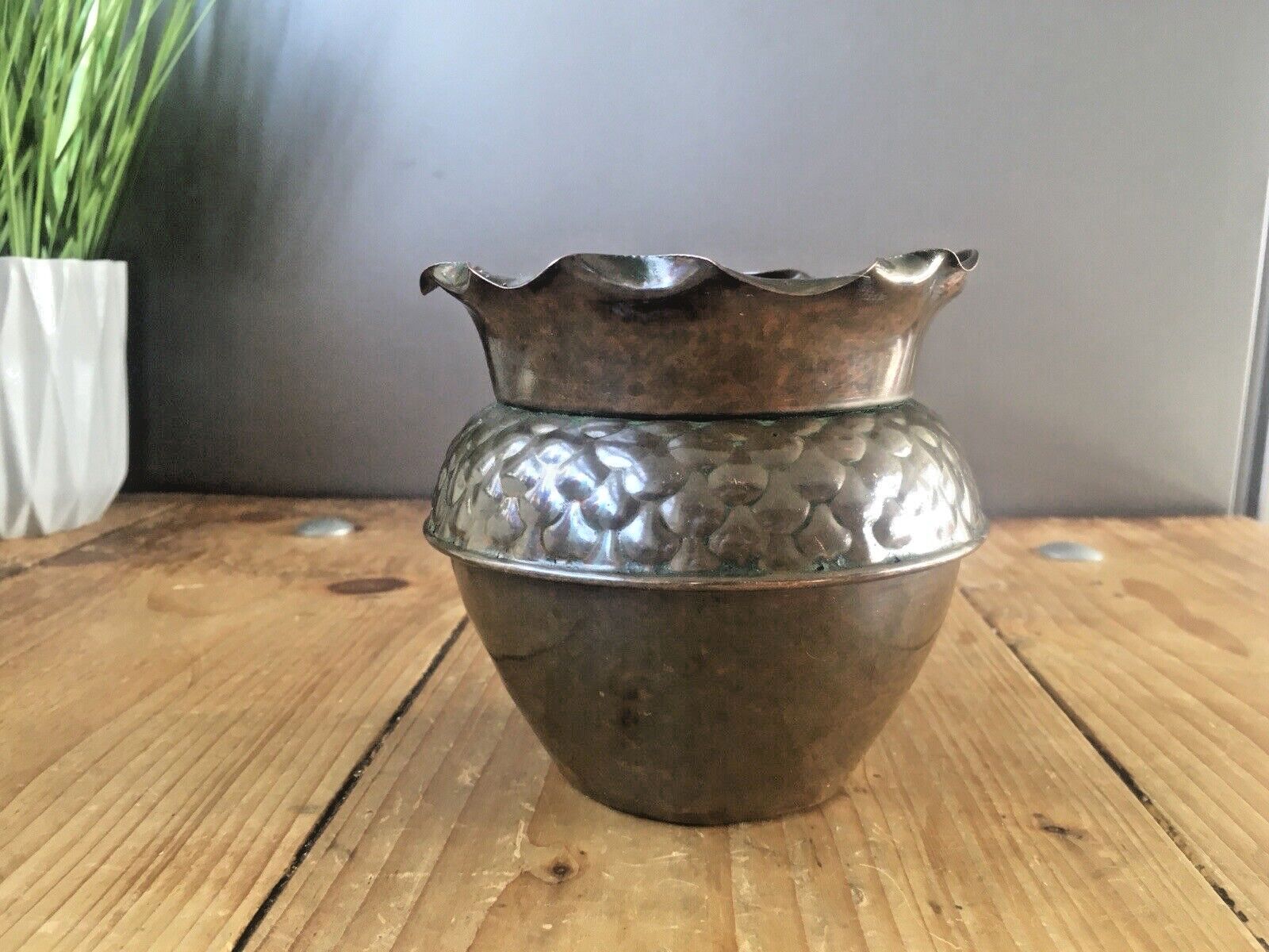 Antique Art Nouveau Deco Fish Scale Ruffled Copper Planter Flower Herb Plant Pot photo vinterior