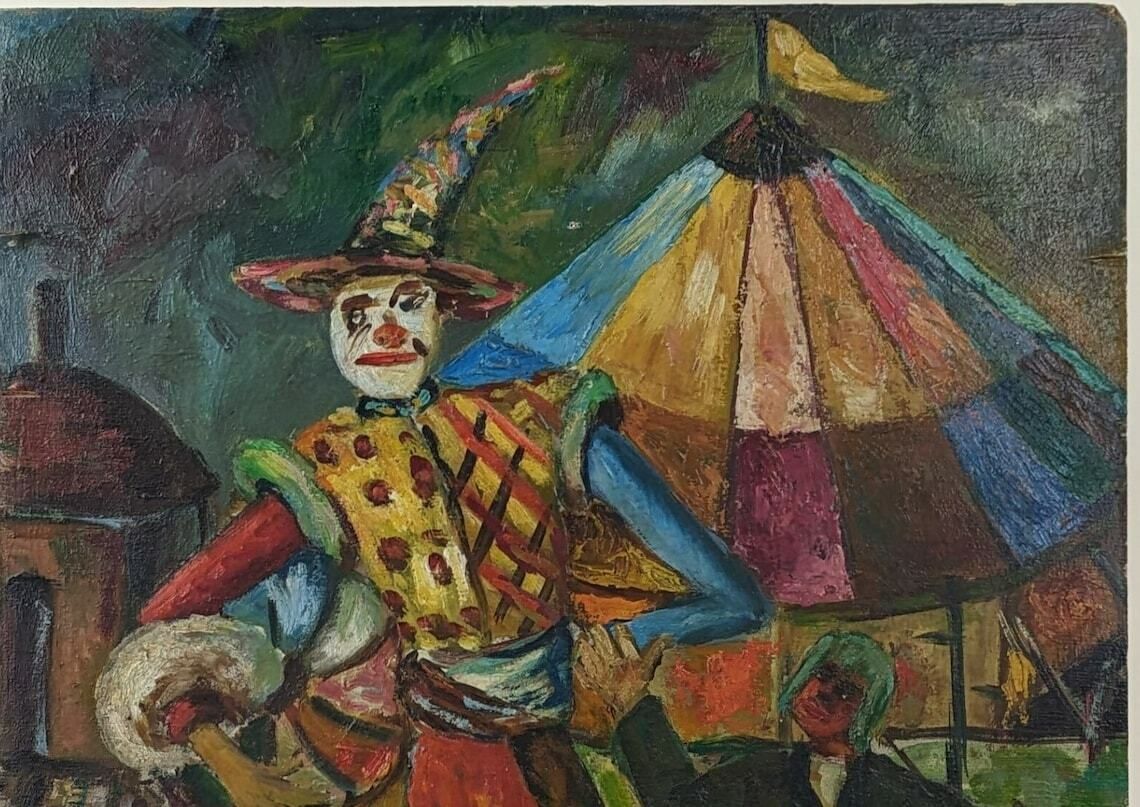 Vintage French Harlequin Oil Painting On Wood Panel photo Art