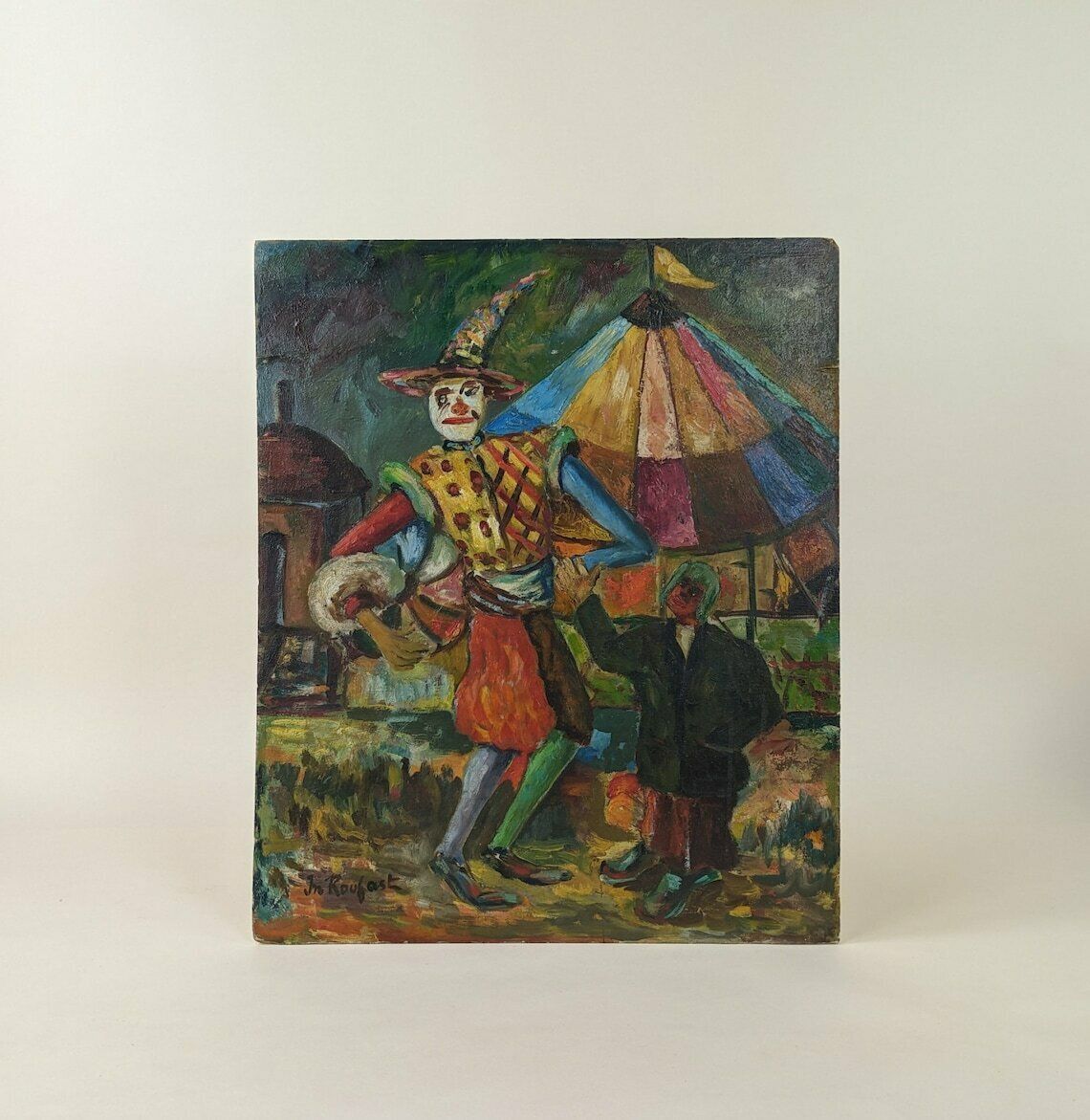 Vintage French Harlequin Oil Painting On Wood Panel photo vinterior