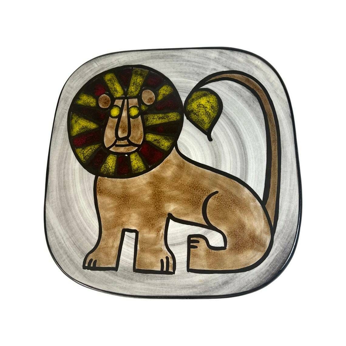 Swiss Pottery, Vintage Hand Painted Platter A Lion By Burkart Handarbeit Switzerland   Dark Brown Mid Century Aesthetic   Animal Plate Wall