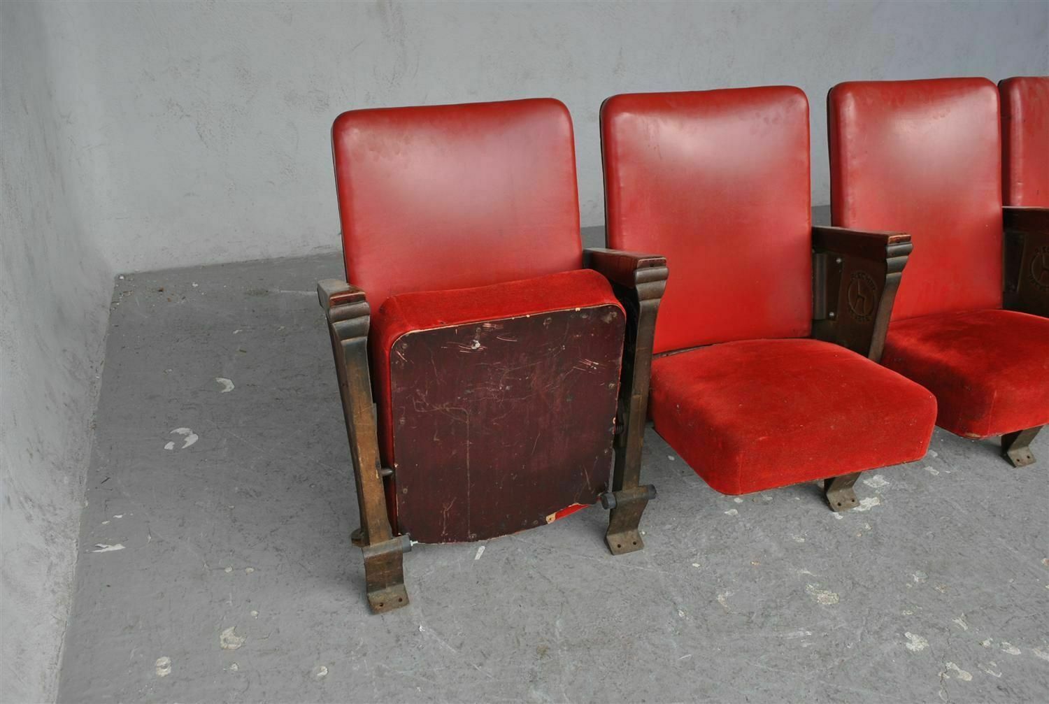 Series Of 5 Red Skai And Patinated Cast Iron Theater Armchairs photo for sale