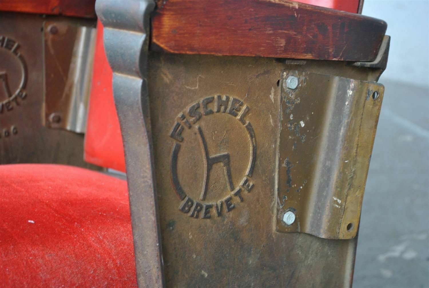 Series Of 5 Red Skai And Patinated Cast Iron Theater Armchairs photo vintage